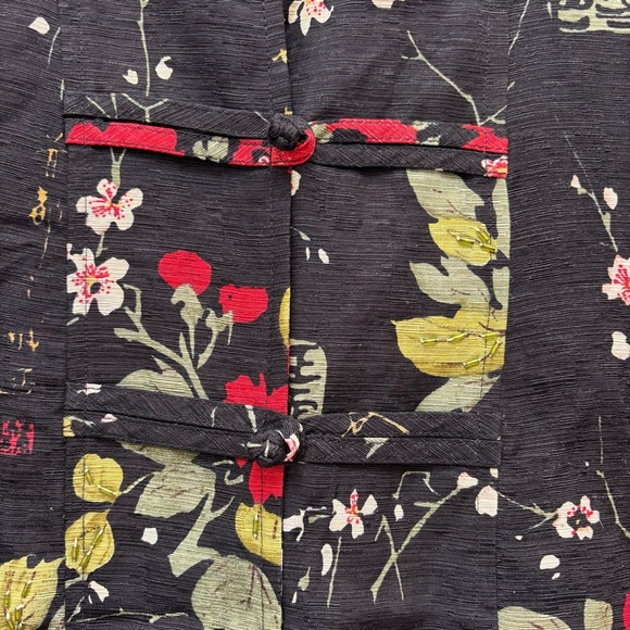 Silkland Asian Print Textured Silk Floral Blouse Jacket Beaded Black Red XL - Picture 7 of 12